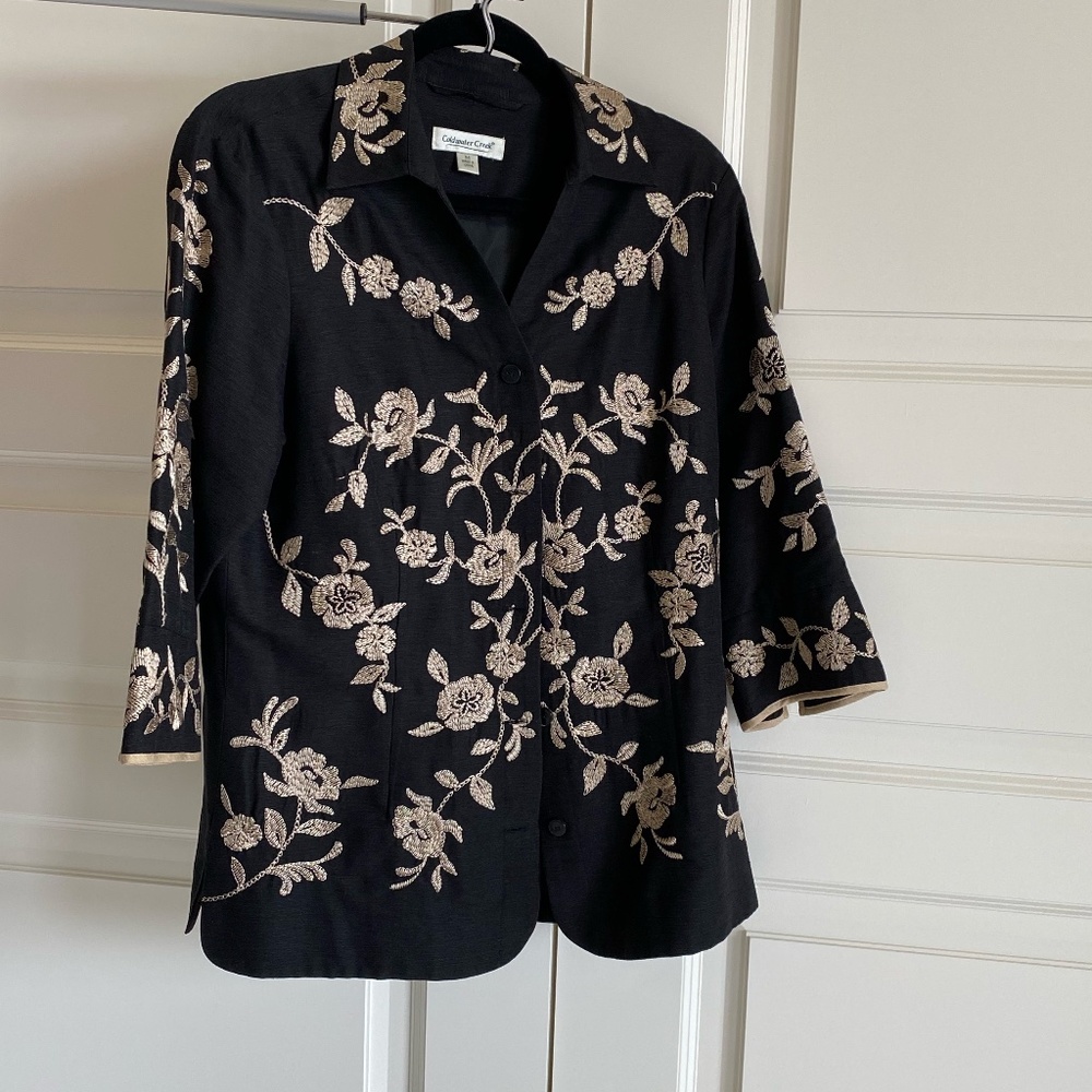 Coldwater Creek, Asian Inspired Ivory Floral Embroidery black silk jacket